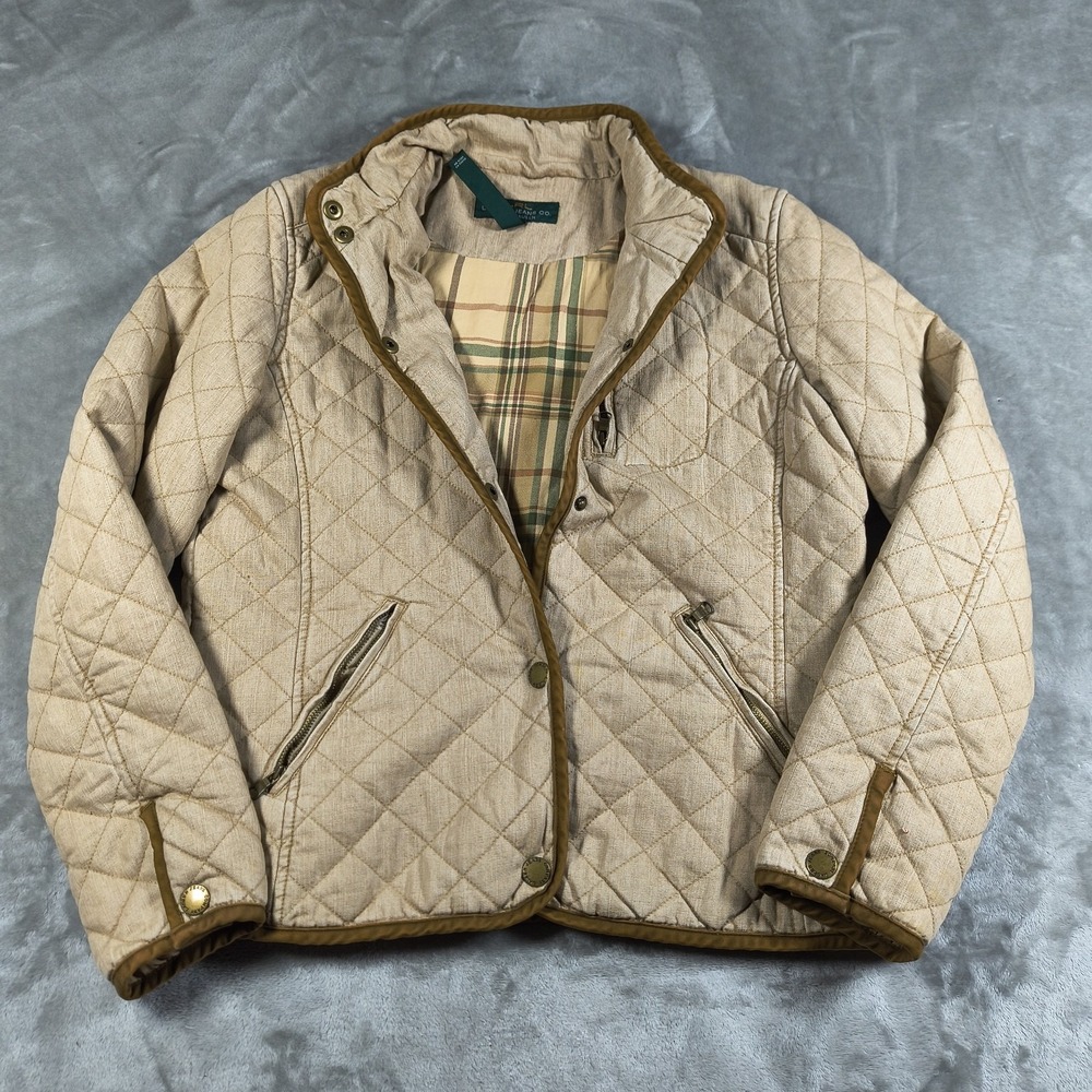 LRL Ralph Lauren Quilted Jacket Womens Medium Beige Plaid Lined Snap Zip Coat